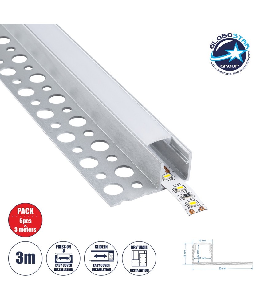 GLOBOSTAR® ALP-PLASTERIN GYPSO 70834-3M Χωνευτό Τερματικό Προφίλ Αλουμινίου Ειδικό για Γυψοσανίδα με Λευκό Γαλακτερό Πατητό Κάλυμμα για Ταινίες LED IP20 - Ασημί & Λευκό - Μ300 x Π3.3 x Υ1.5cm - Πακέτο 5 Τεμαχίων